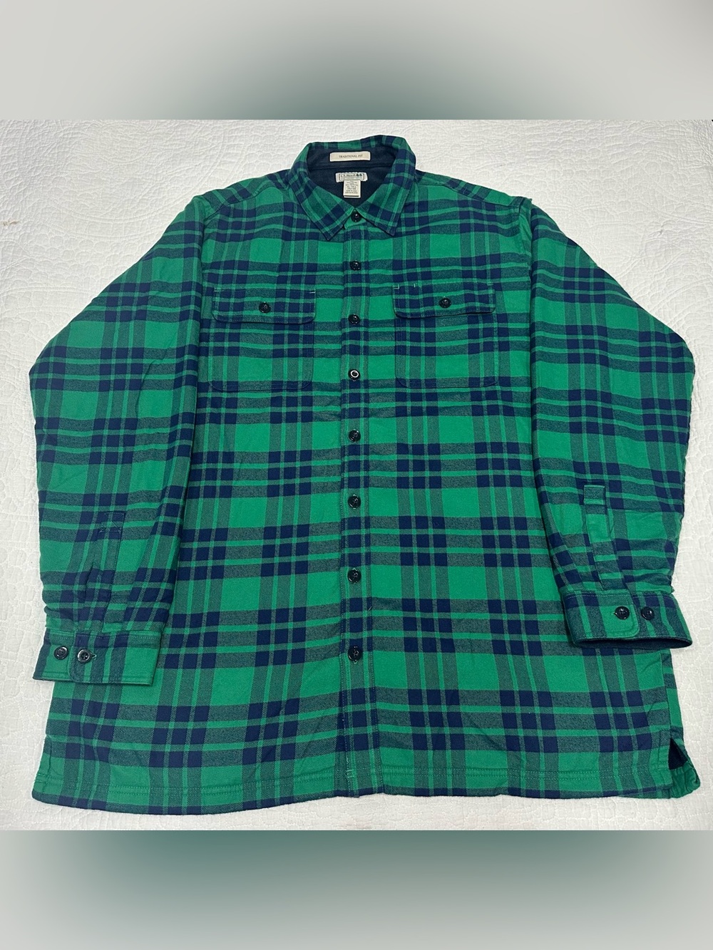 L.L. Bean Fleece-Lined Flannel Shirt Men's XL Green Blue Plaid Traditional Fit